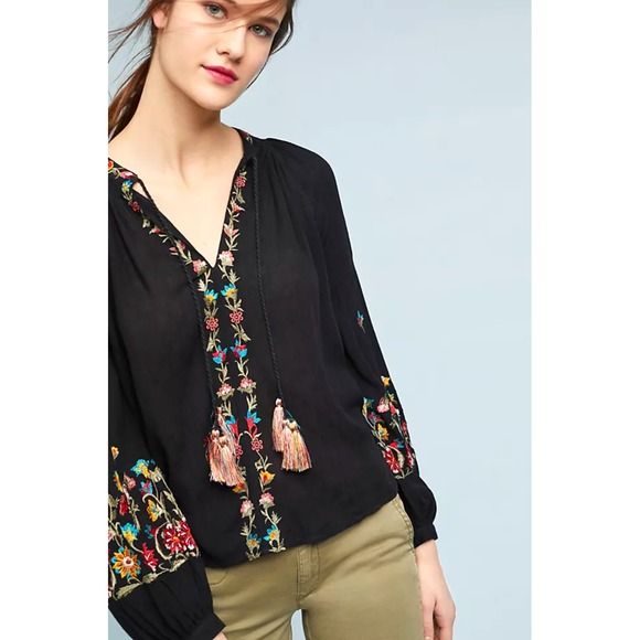 Anthropologie Tops - Anthropologie Maeve Lanie Boho Embroidered Peasant Top Small Black Tassel